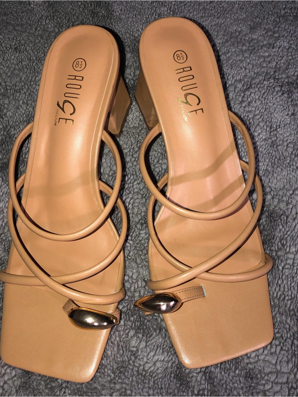 Rouge Helium Tan Multi-Strap Square-Toe Heel with Gold Accent